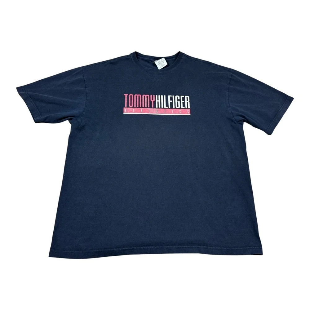 Vintage 2000s Tommy Hilfiger Athletics Navy Blue‎ Double Stitch Shirt Men's XL